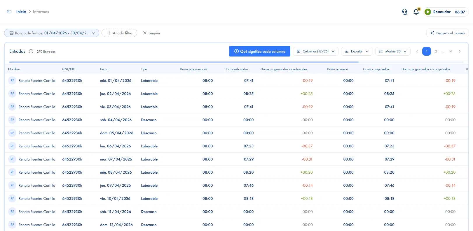 Software de control horario con informes y reportes