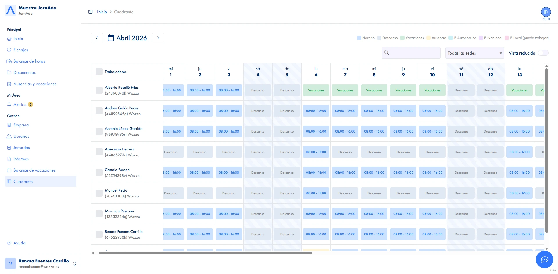 Software de control horario con calendario de turnos